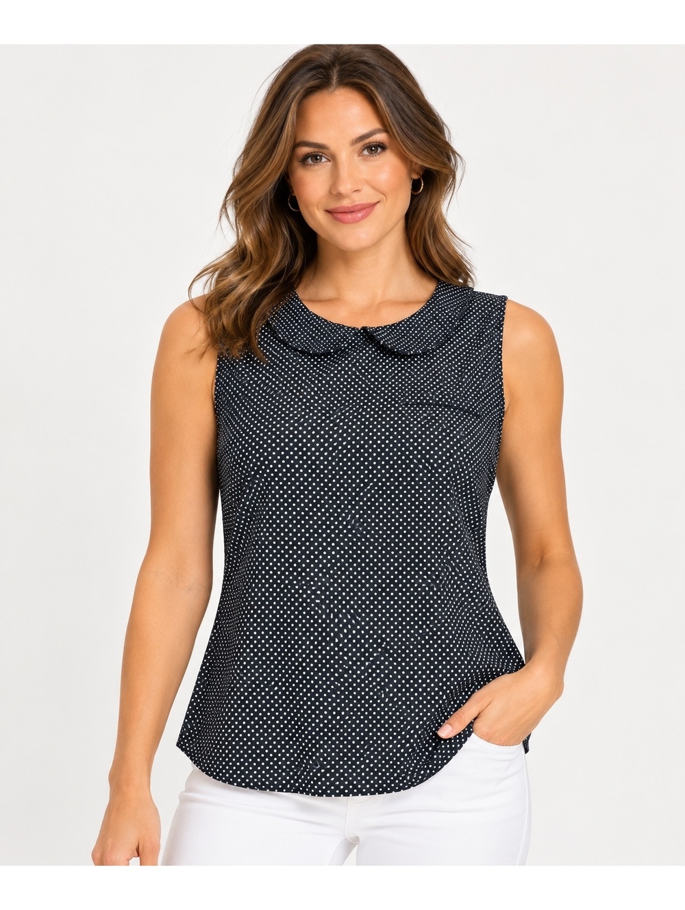 Washington Stretch Black White Polka Dot Blouse Top Large Peter Pan Collar